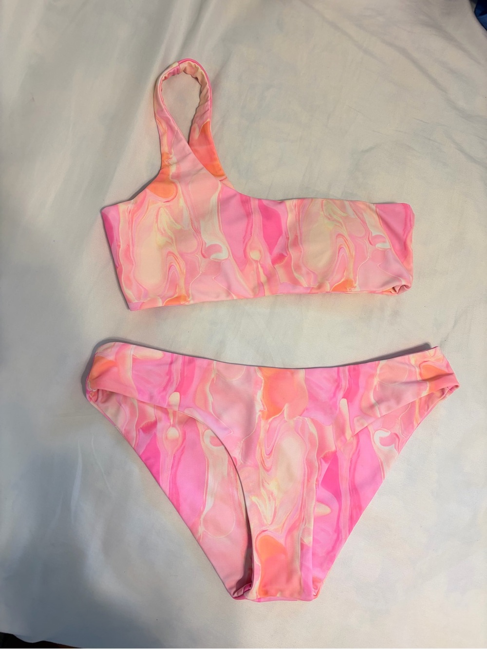 Pink Marble One-Shoulder Bikini Set